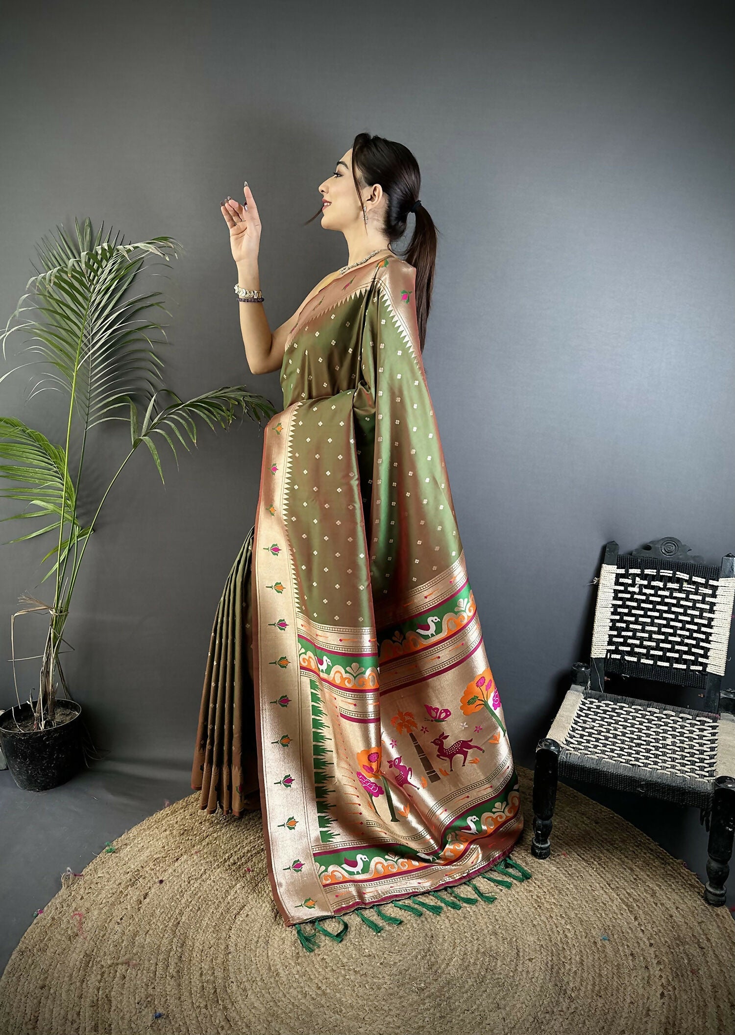 Joban Fashion Mehendi Green Peacock & Floral Motifs Soft Lichi Silk Kanchipuram Saree | Grocsy