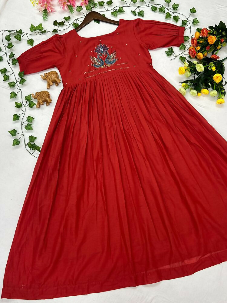 Teeya Creation Women's New Trendy Red Pleated Maxi Dress with Intricate Peacock Beadwork | Grocsy
