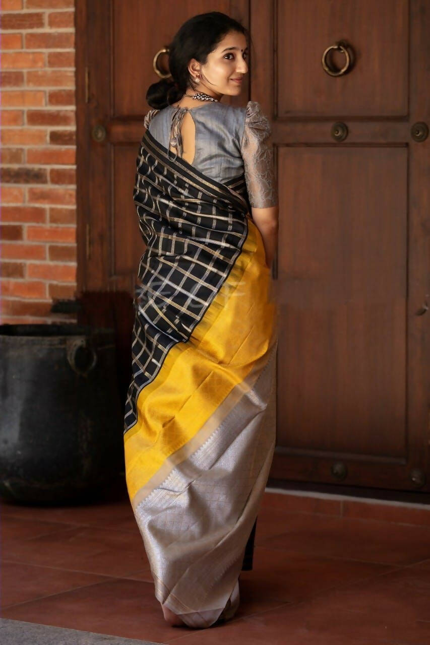 DEIANA'S Beautiful Designer Golden zari Soft Lichi Silk Saree - Black | Grocsy