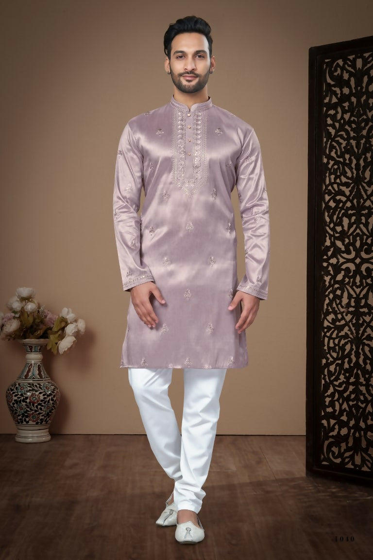 Functional Designer Men's Light Purple Heavy Super Silk Kurta With Pant - Rudra | Grocsy