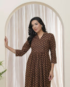 Vaasva Brown Boonta Cotton Printed Gathered Kurti With Pant | Grocsy