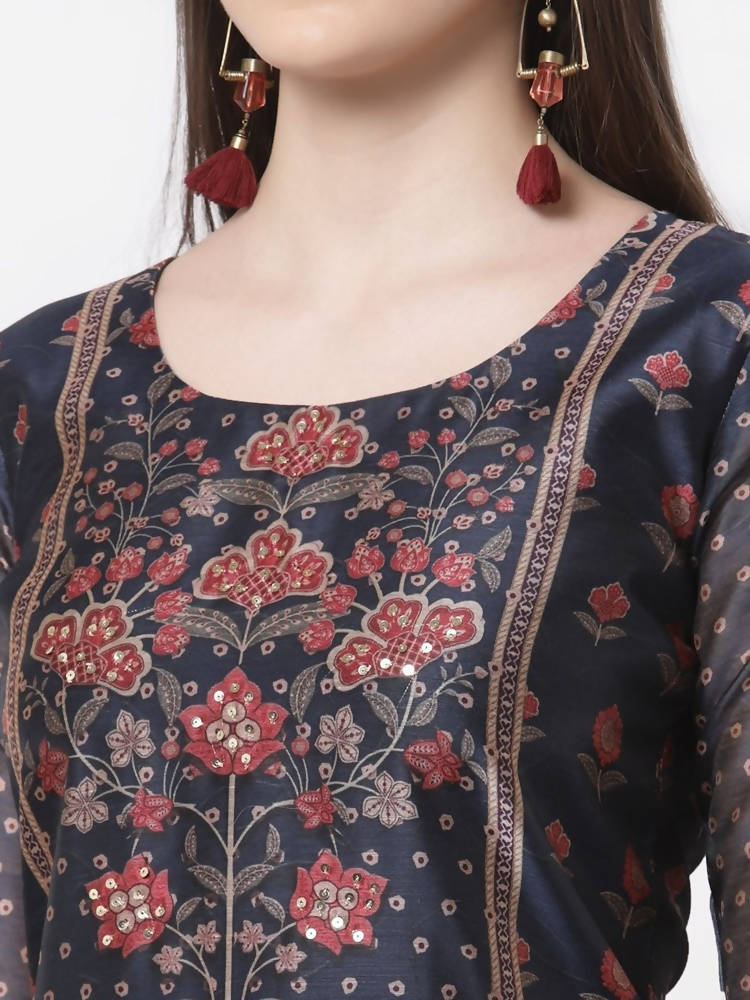 Myshka Blue Color Chanderi silk Printed Kurta With Pant Dupatta Set | Grocsy