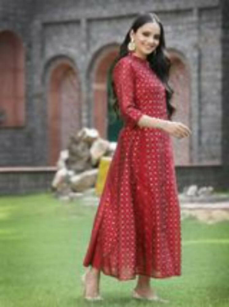 Juniper Women Maroon Chanderi Silk Solid Anarkali Kurta | Grocsy
