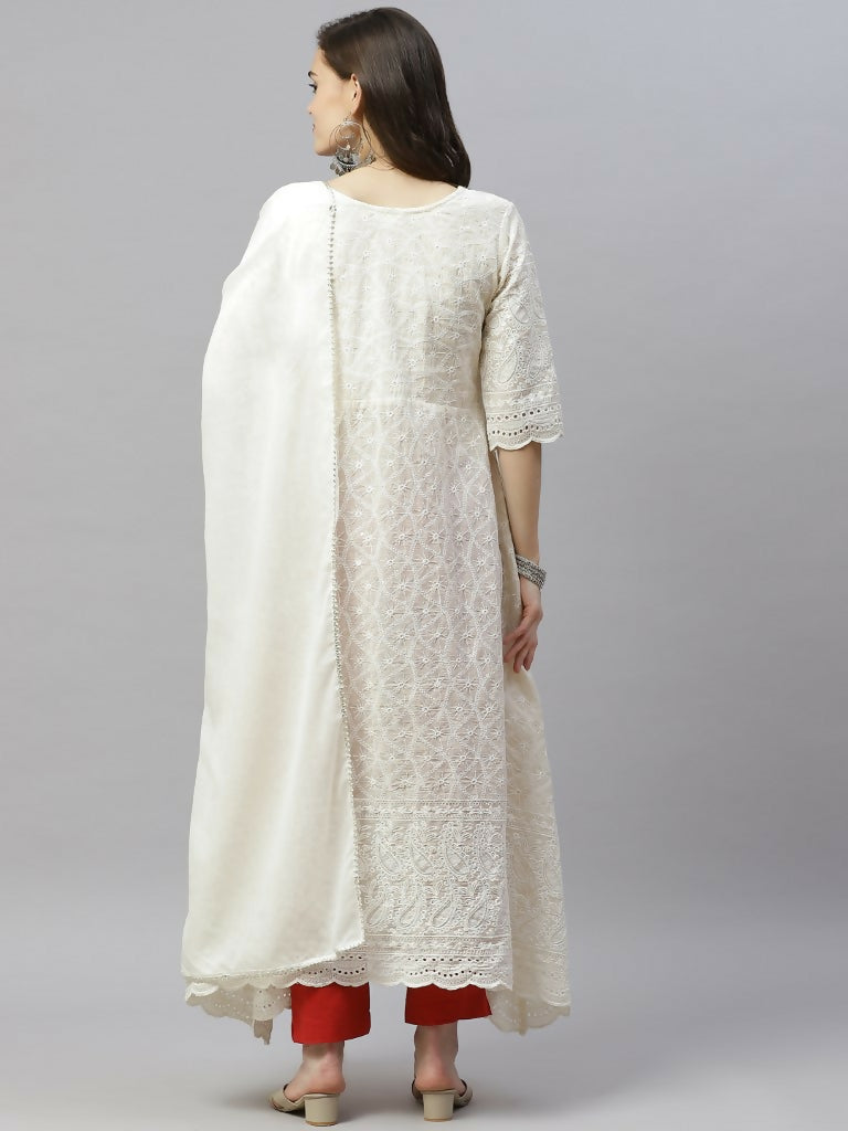 Miravan Women's Beige Embroidered Chikankari Kurta & Dupatta | Grocsy