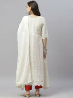 Miravan Women's Beige Embroidered Chikankari Kurta & Dupatta | Grocsy