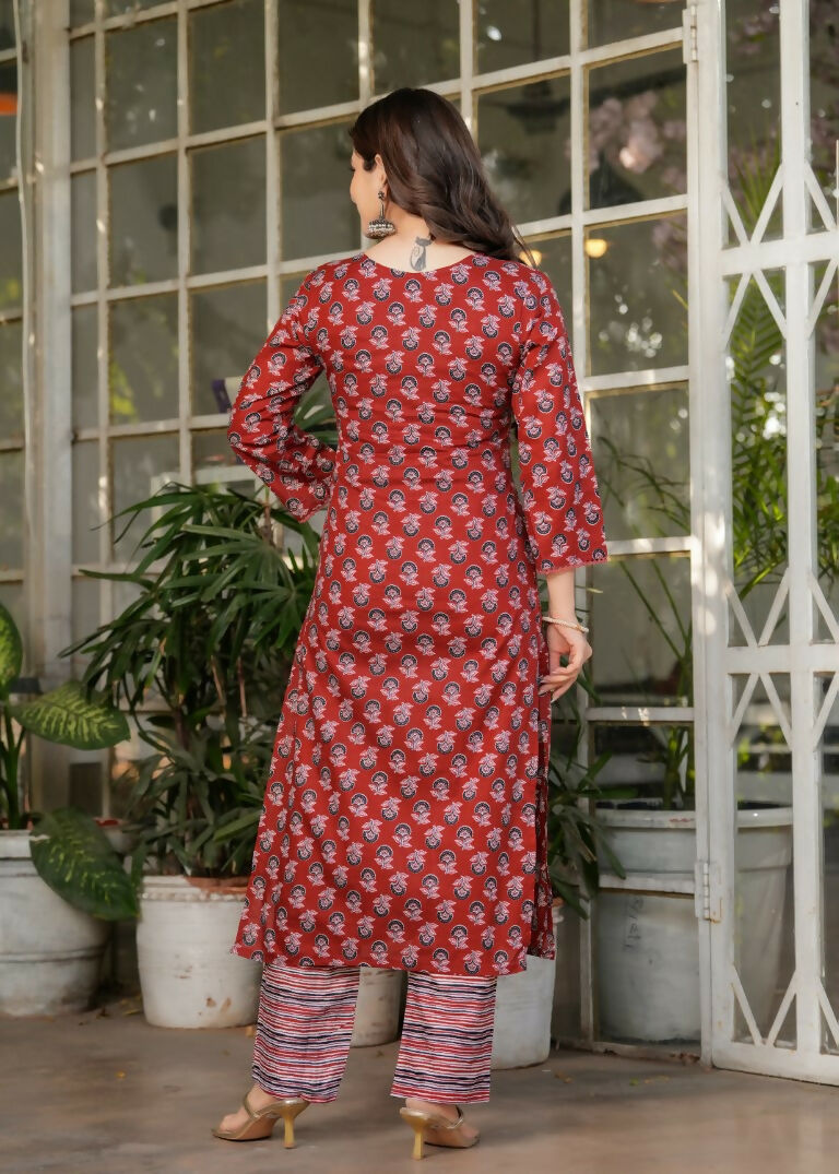 Red Pure Cotton Printed Anarkali Suit with Dupatta - Rashmika | Grocsy