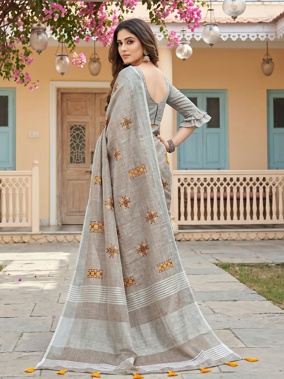 Shree Shyam Fashion Light Beige Linen Saree | Grocsy
