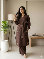 Teeya Creation Women New Trendy Chocolate Brown Embroidered Cotton Kurta with Palazzos | Grocsy