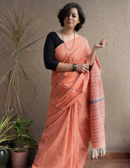 Exclusive Collection Khadi Cotton Handloom Khesh Saree With Blouse Piece - Light Orange | Grocsy