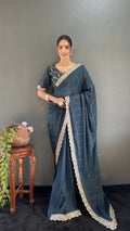 Vastranavya Sea Blue Georgette Silk Swarovski & Heavy Lace Work Ready to Wear Saree | Grocsy