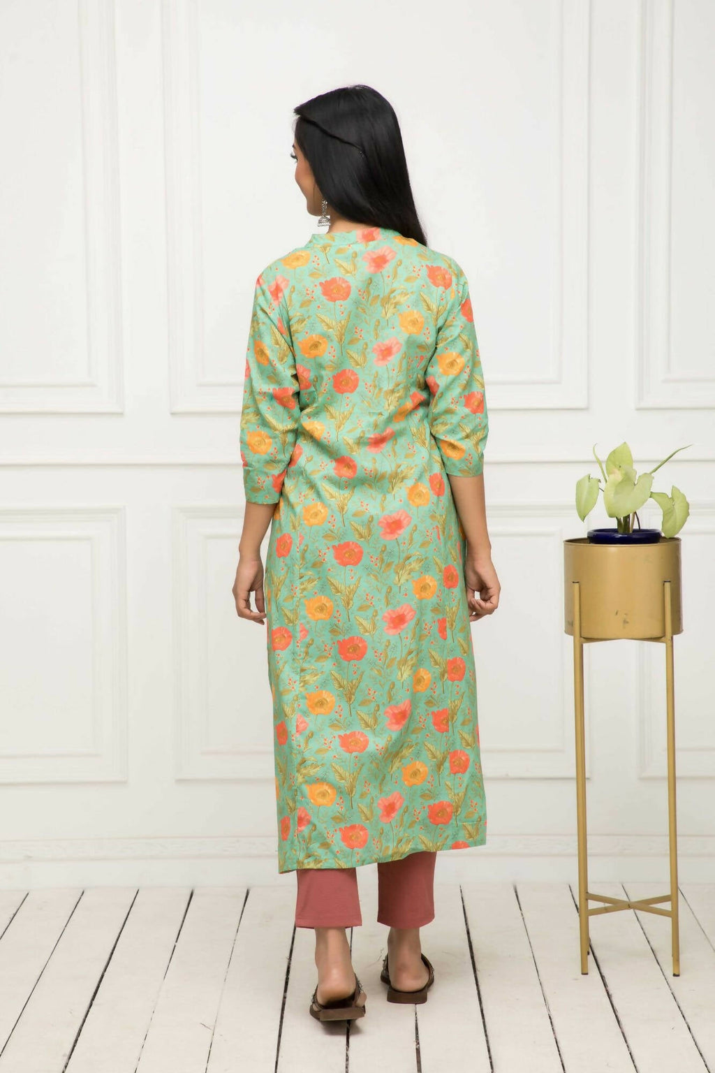 Myshka Women Green Floral Rayon A-Line Round Neck Kurtas | Grocsy