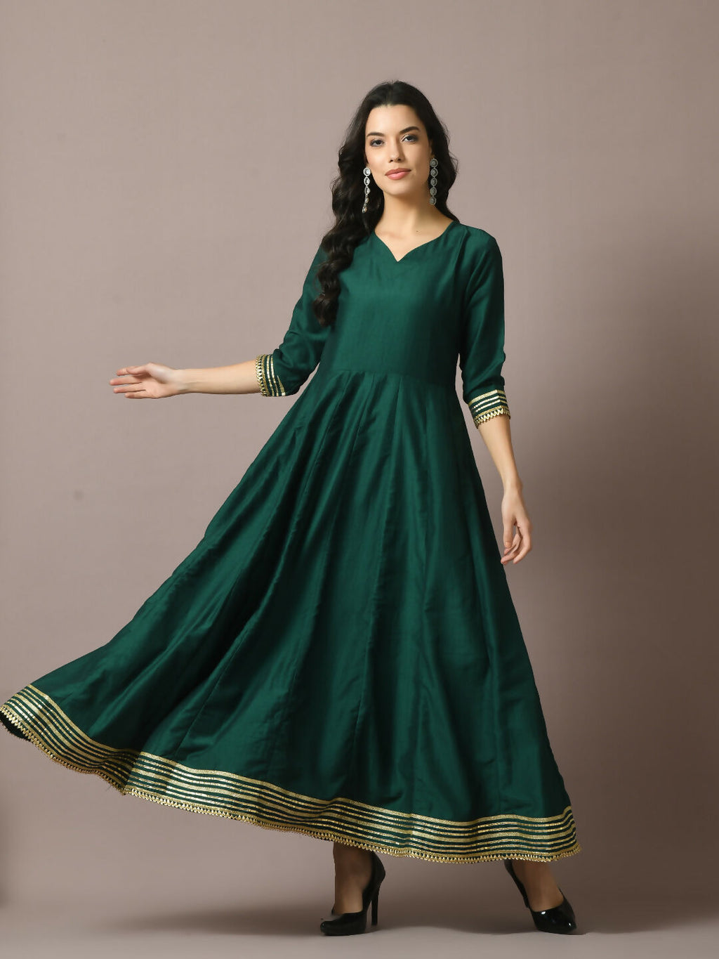 Myshka Women's Green Solid Silk Anarkali Party Kurta | Grocsy