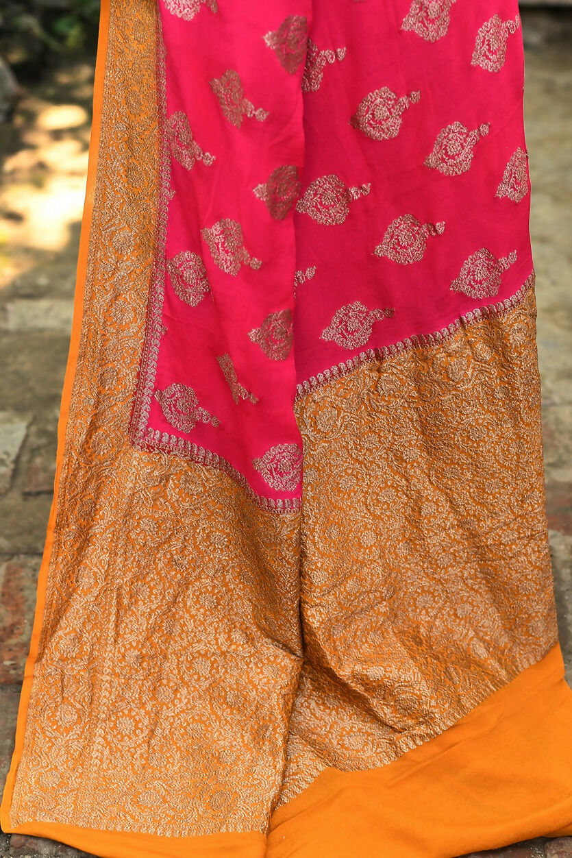 Joban Fashion Bright Pink Crepe Chiffon Pure Handloom Banarasi Silk Saree | Grocsy