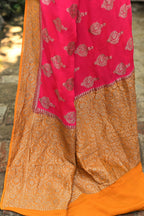 Joban Fashion Bright Pink Crepe Chiffon Pure Handloom Banarasi Silk Saree | Grocsy