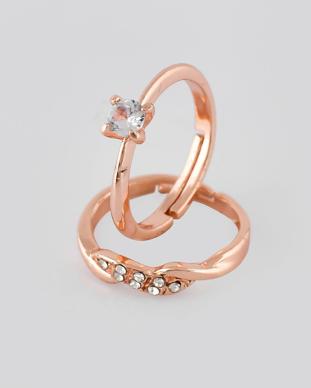 VOJ Stainless Steel Cubic Zirconia Rose Gold-Polished Adjustable Ring Set for Couple | Grocsy