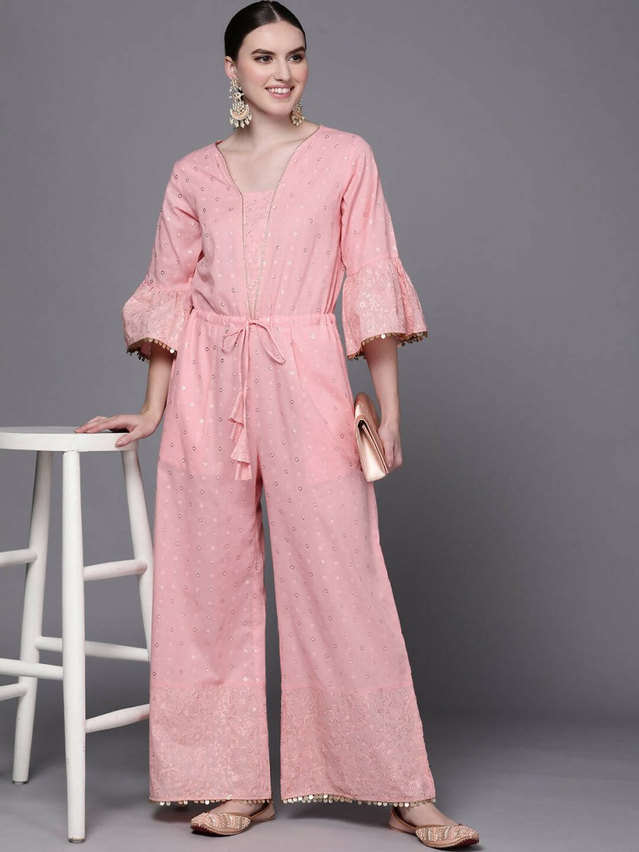 Ahalyaa Women Pink Printed Basic Jumpsuit | Grocsy