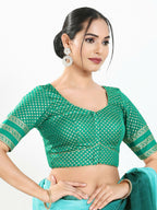 Joban Fashion Rama Green Brocade Padded Blouse With Round Neck Elbow Sleeves | Grocsy