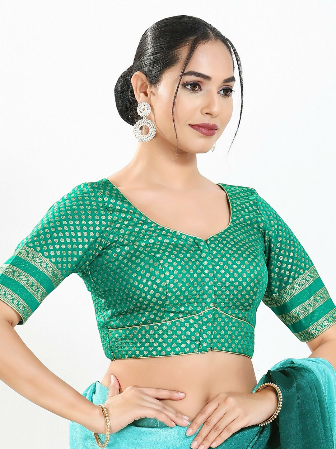 Joban Fashion Rama Green Brocade Padded Blouse With Round Neck Elbow Sleeves | Grocsy