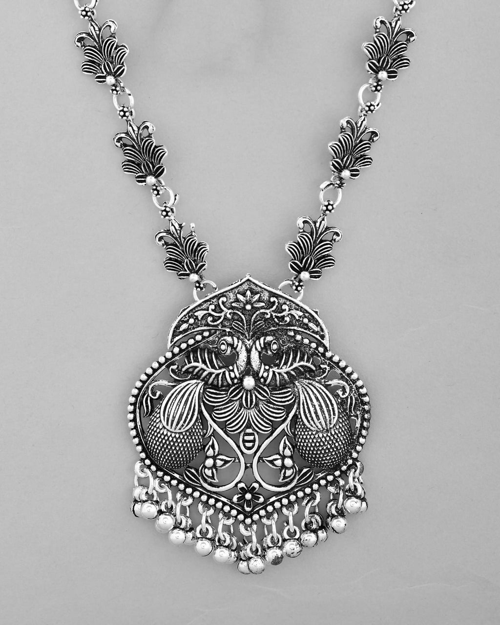 VOJ Silver Plated Oxidized Long Necklace with Earring Set | Grocsy