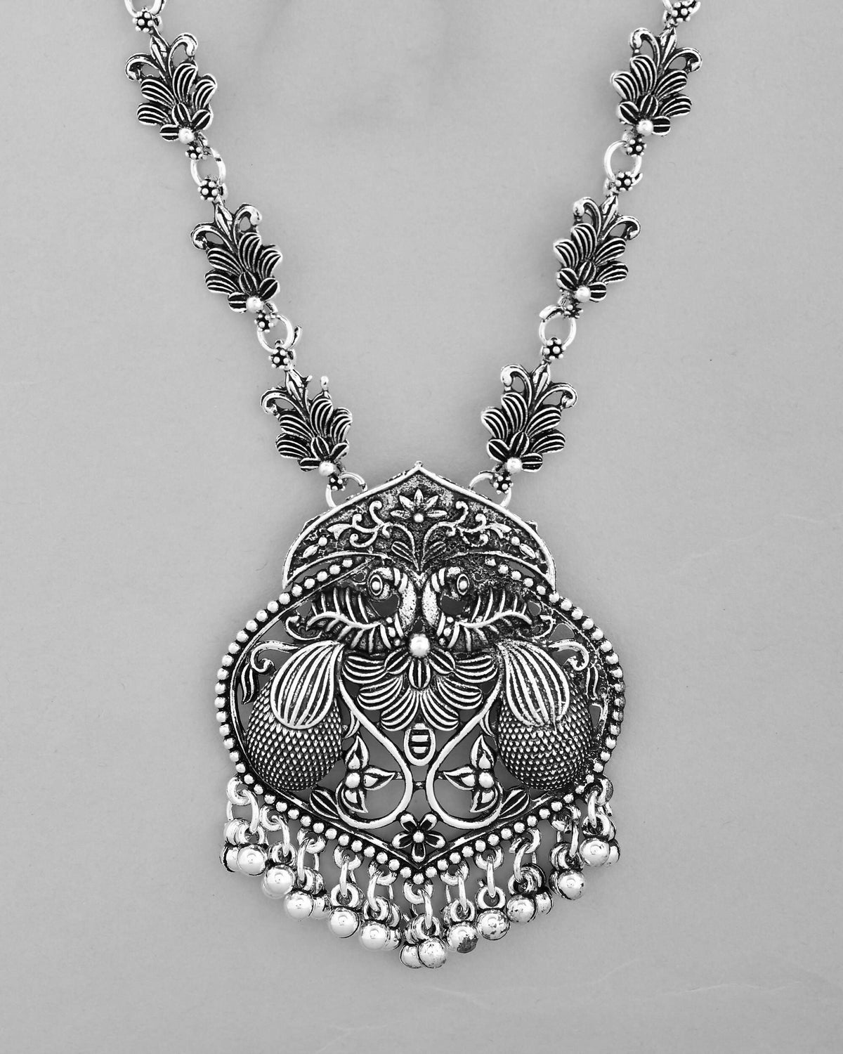 VOJ Silver Plated Oxidized Long Necklace with Earring Set | Grocsy