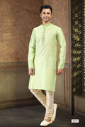 Raivat Ethnic Jacquard Art Silk Mirror and Thread Work Kurta Pajama In Pista Green Colour | Grocsy