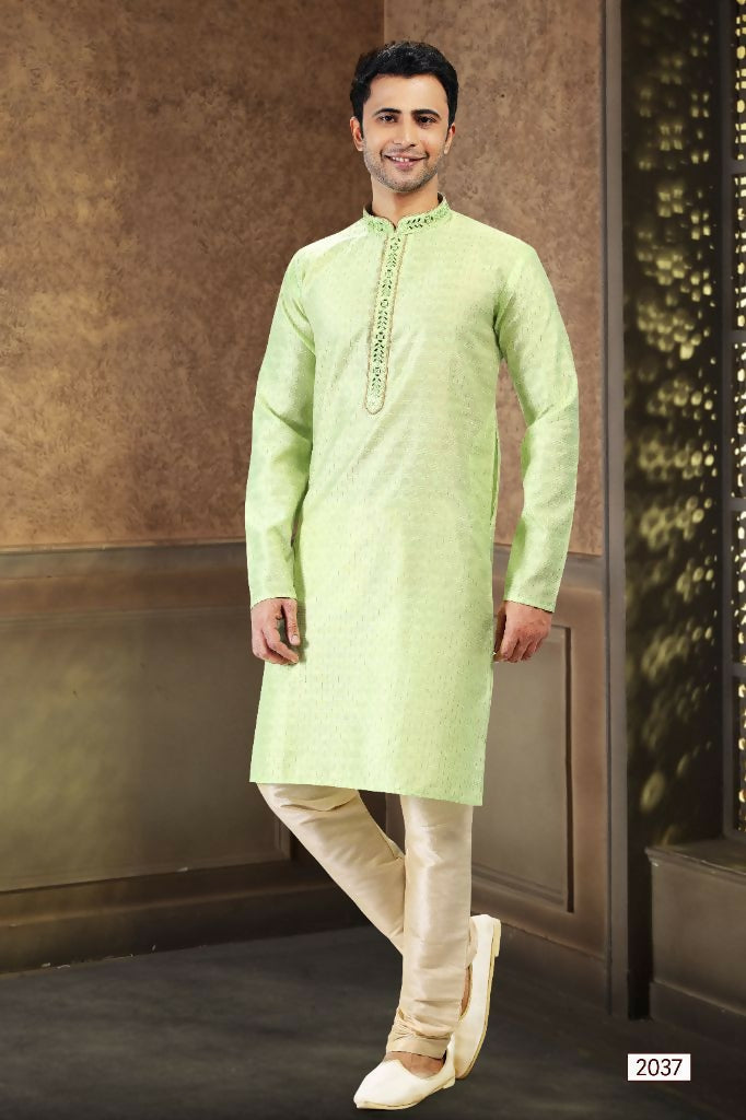 Raivat Ethnic Jacquard Art Silk Mirror and Thread Work Kurta Pajama In Pista Green Colour | Grocsy