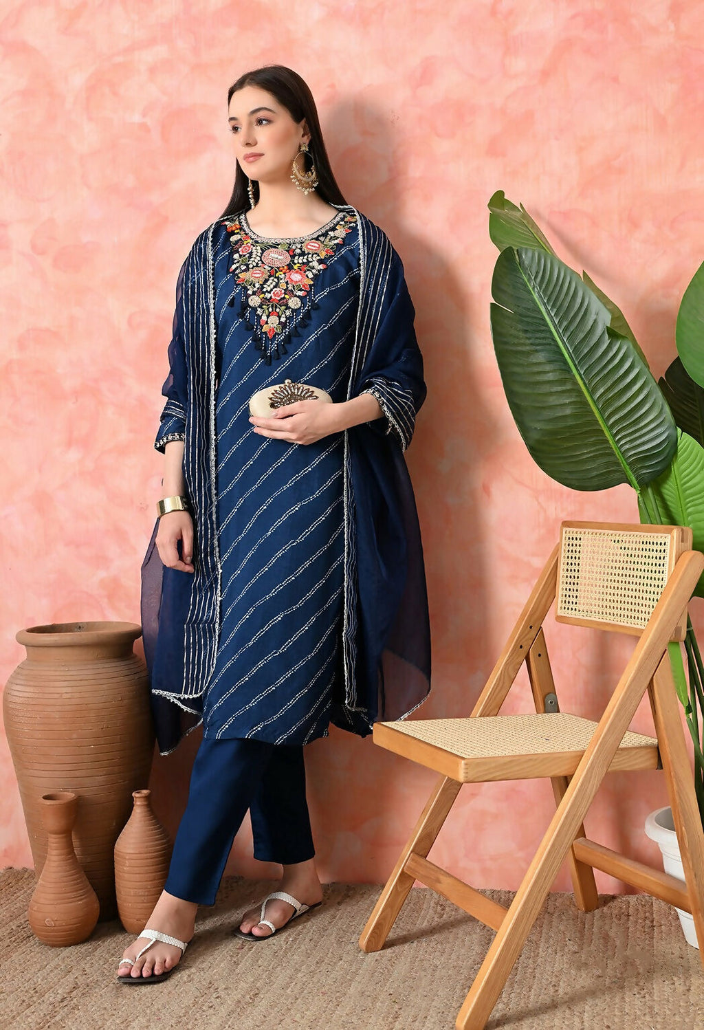 Joban Fashion Navy Blue Premium Pure Viscose Print Dola With Handwork Kurta Set | Grocsy