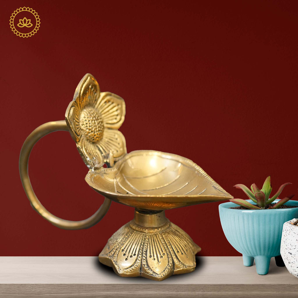 Brass Leaf with Flower Diya | Grocsy