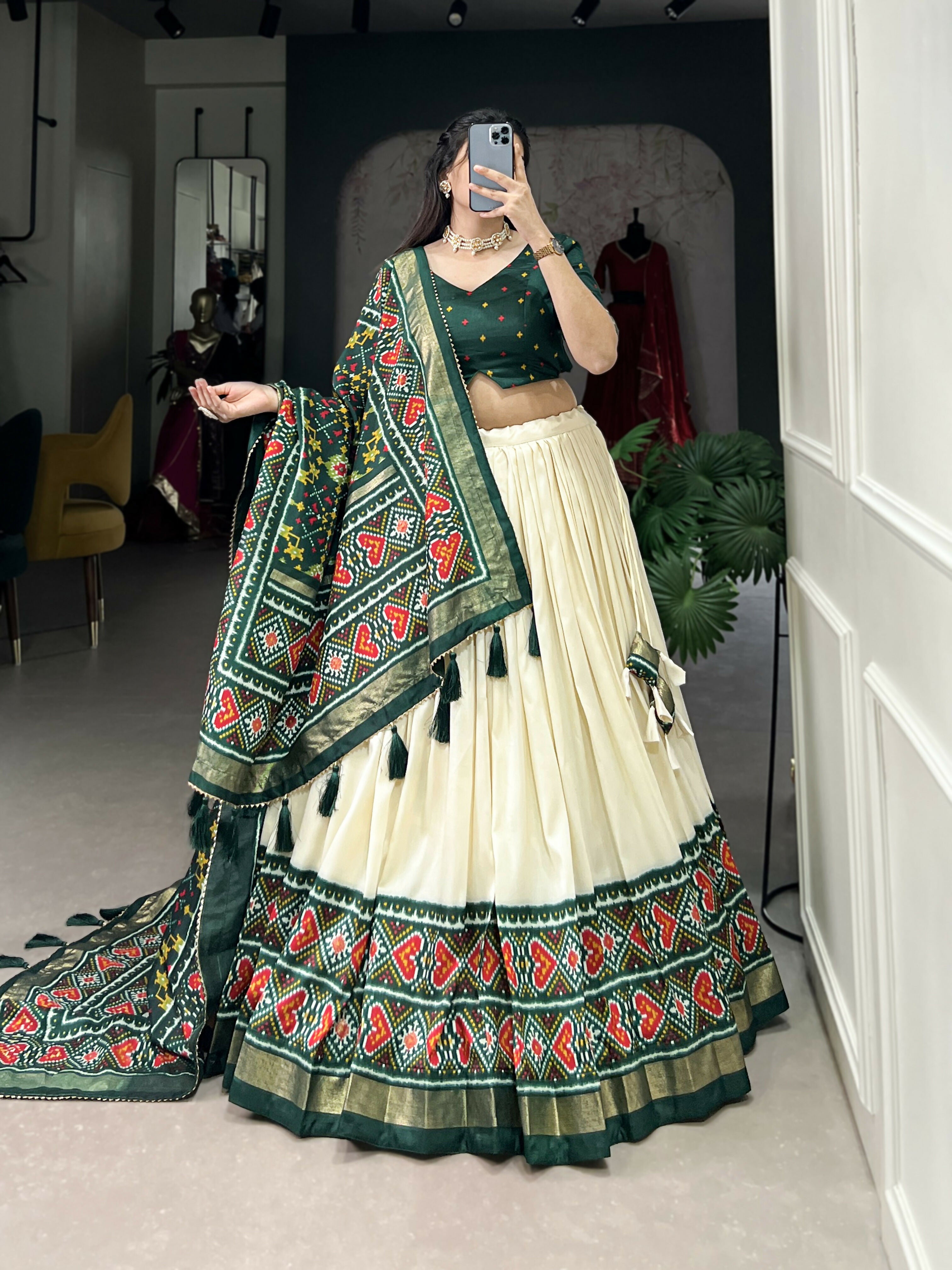 Lorenvalley Offwhite and Green Tussar Silk Patola Print Lehenga Choli | Grocsy