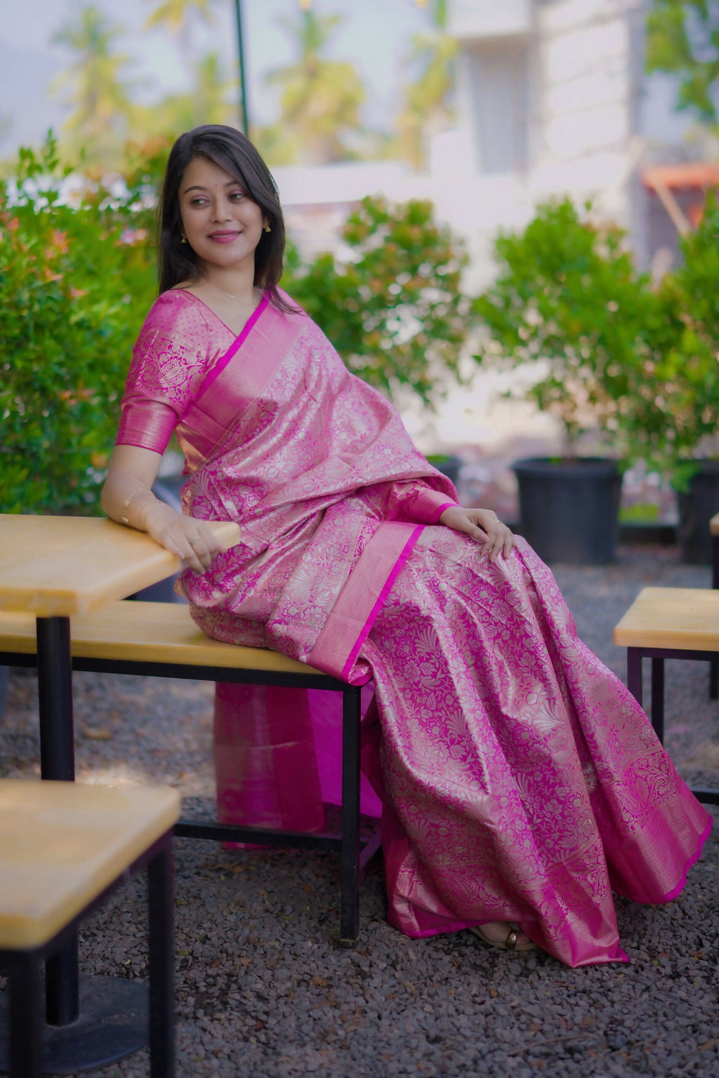 Prime Volt Bridal Kanchipuram Silk Saree with Rich Zari Weaving & Contrast Border-Pink | Grocsy