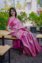 Prime Volt Bridal Kanchipuram Silk Saree with Rich Zari Weaving & Contrast Border-Pink | Grocsy