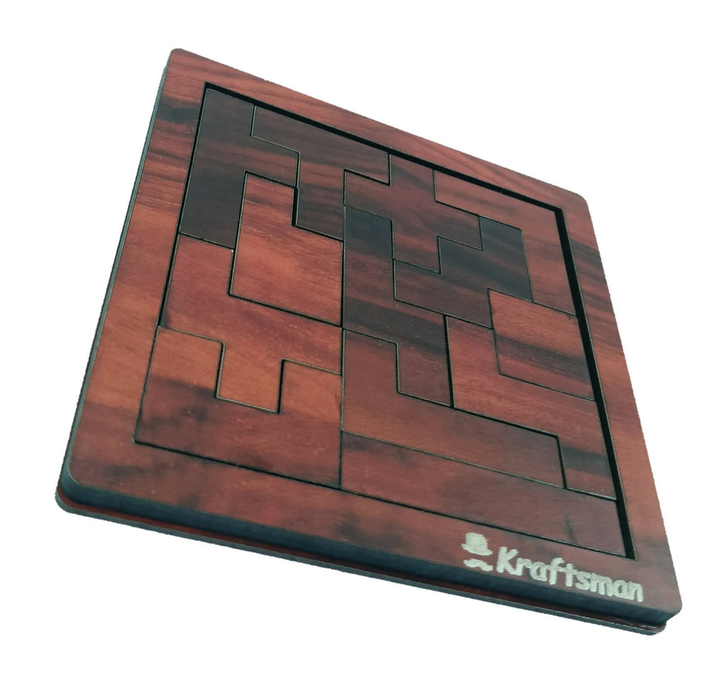 Kraftsman Portable Wooden Tetris Puzzle | 13 Pieces Puzzle Board for Kids and Adults | Travel Pouch Included | Grocsy