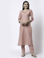 Myshka Women Peach Silk Blend Embroidered 3/4 Sleeve Round Neck Kurta Pant Dupatta Set | Grocsy