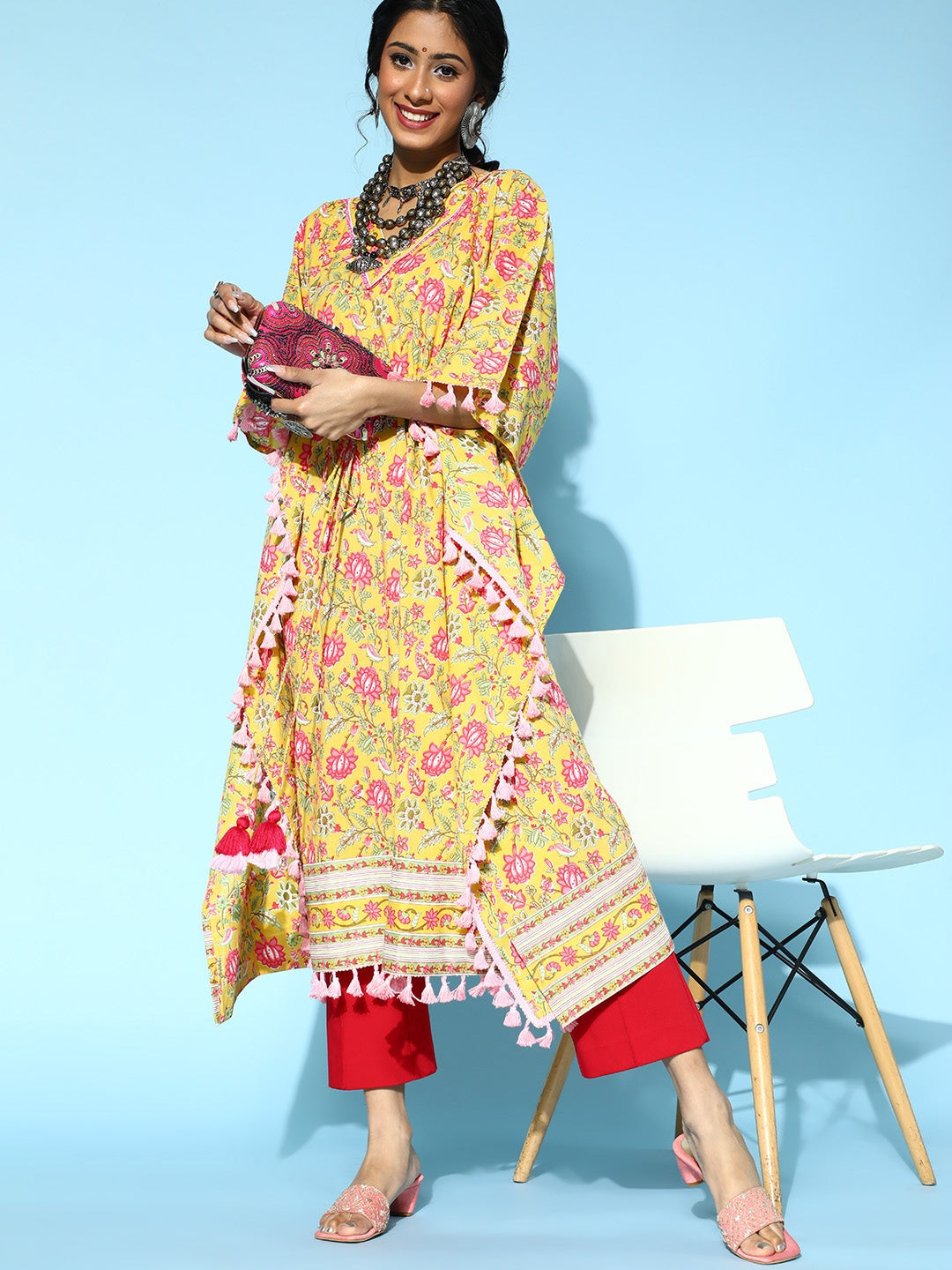 Yufta Bright Yellow Printed Kaftan Kurta | Grocsy