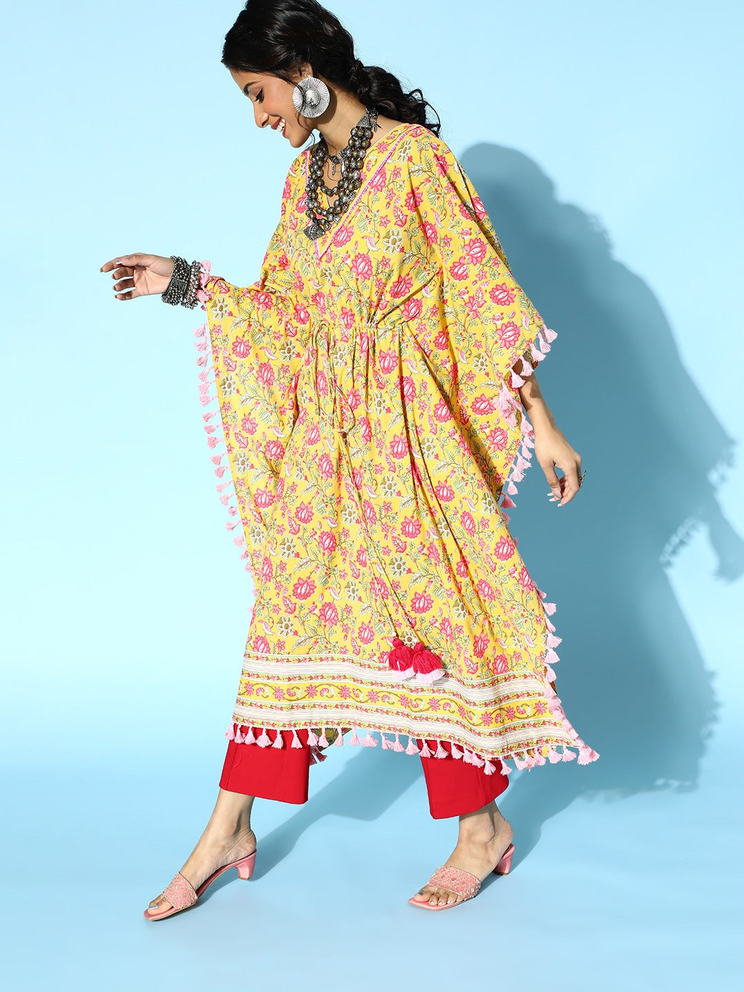Yufta Bright Yellow Printed Kaftan Kurta | Grocsy
