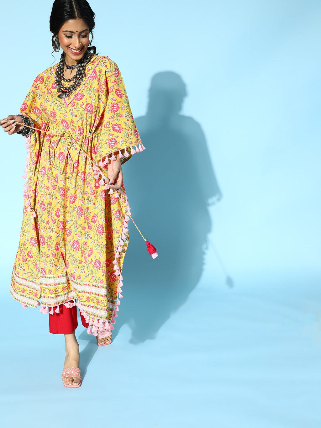 Yufta Bright Yellow Printed Kaftan Kurta | Grocsy