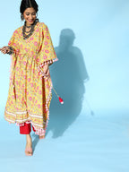 Yufta Bright Yellow Printed Kaftan Kurta | Grocsy