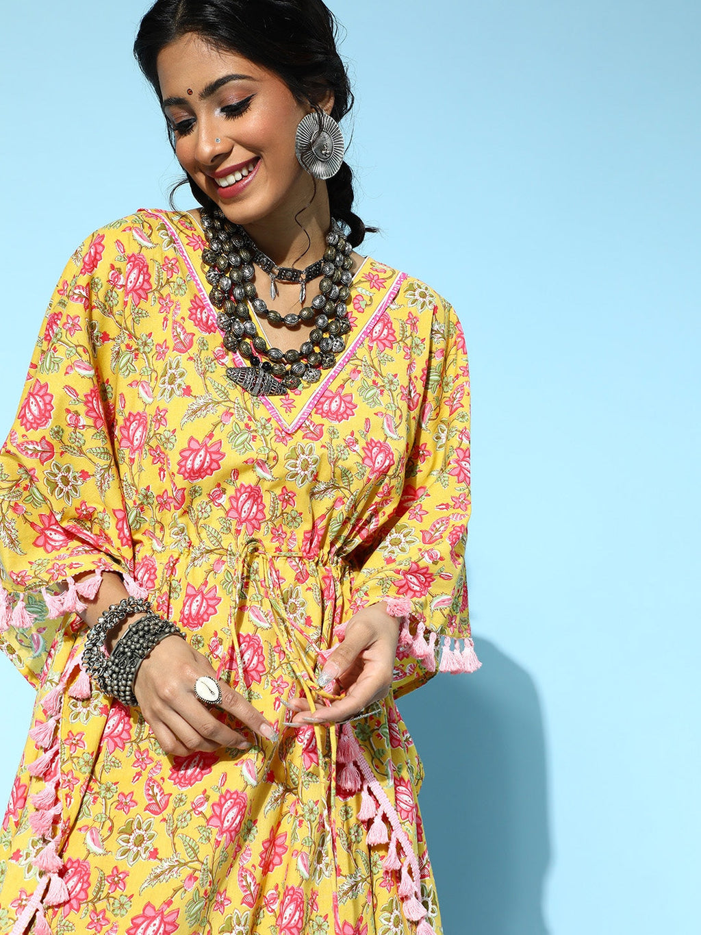 Yufta Bright Yellow Printed Kaftan Kurta | Grocsy