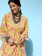 Yufta Bright Yellow Printed Kaftan Kurta | Grocsy