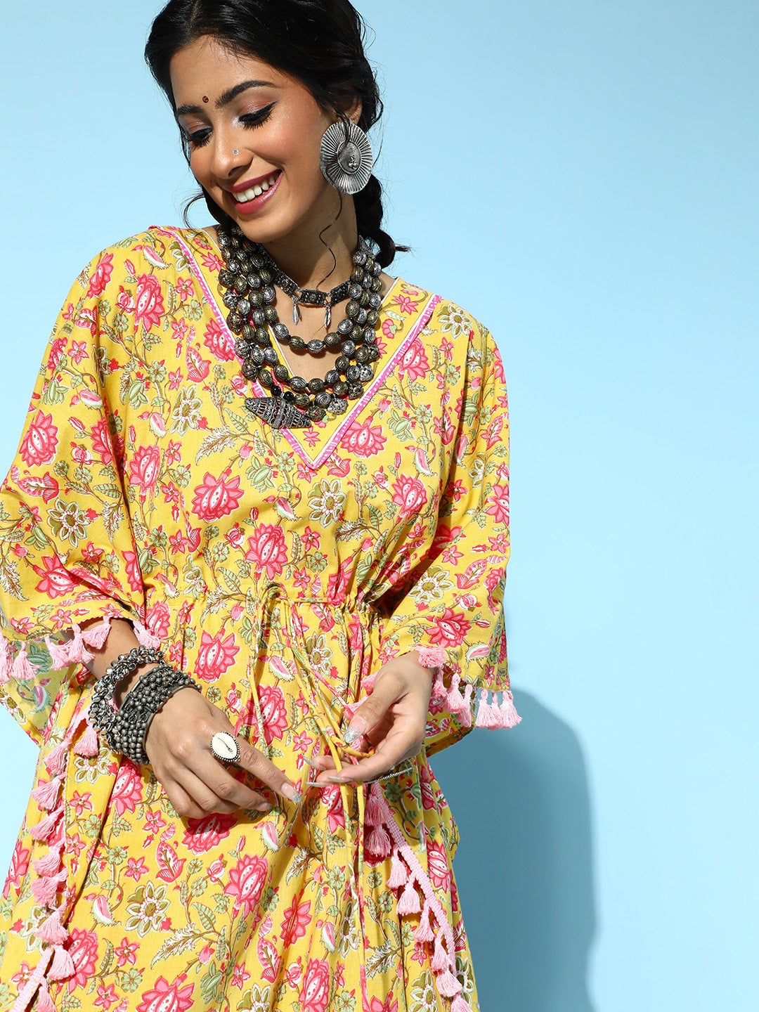 Yufta Bright Yellow Printed Kaftan Kurta | Grocsy