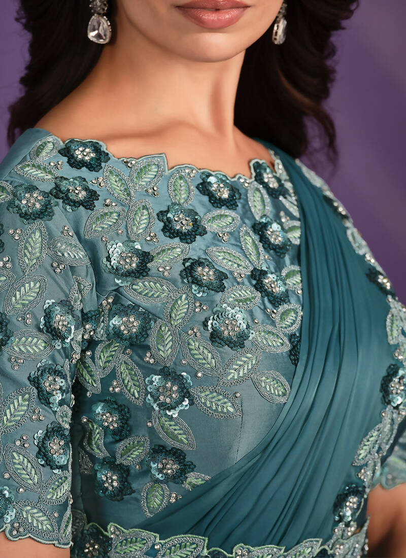 Rama Crepe Satin Silk Embroidered Saree With Stitched Blouse - Mohmanthan Exotica | Grocsy