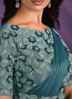 Rama Crepe Satin Silk Embroidered Saree With Stitched Blouse - Mohmanthan Exotica | Grocsy