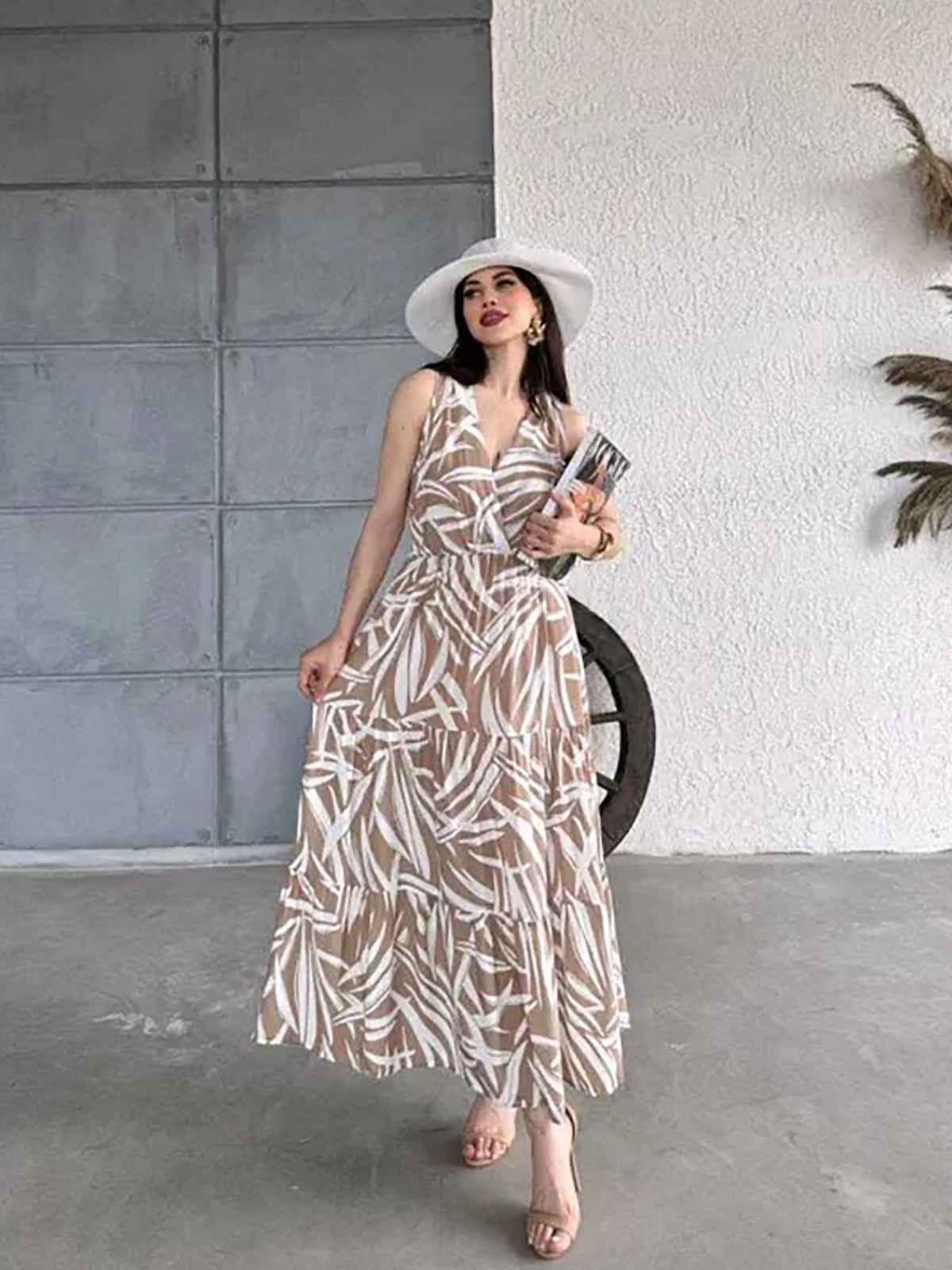 Pimu Viscose Patterned Summer Dress - Elastic Waist, V-Neck - Brown | Grocsy
