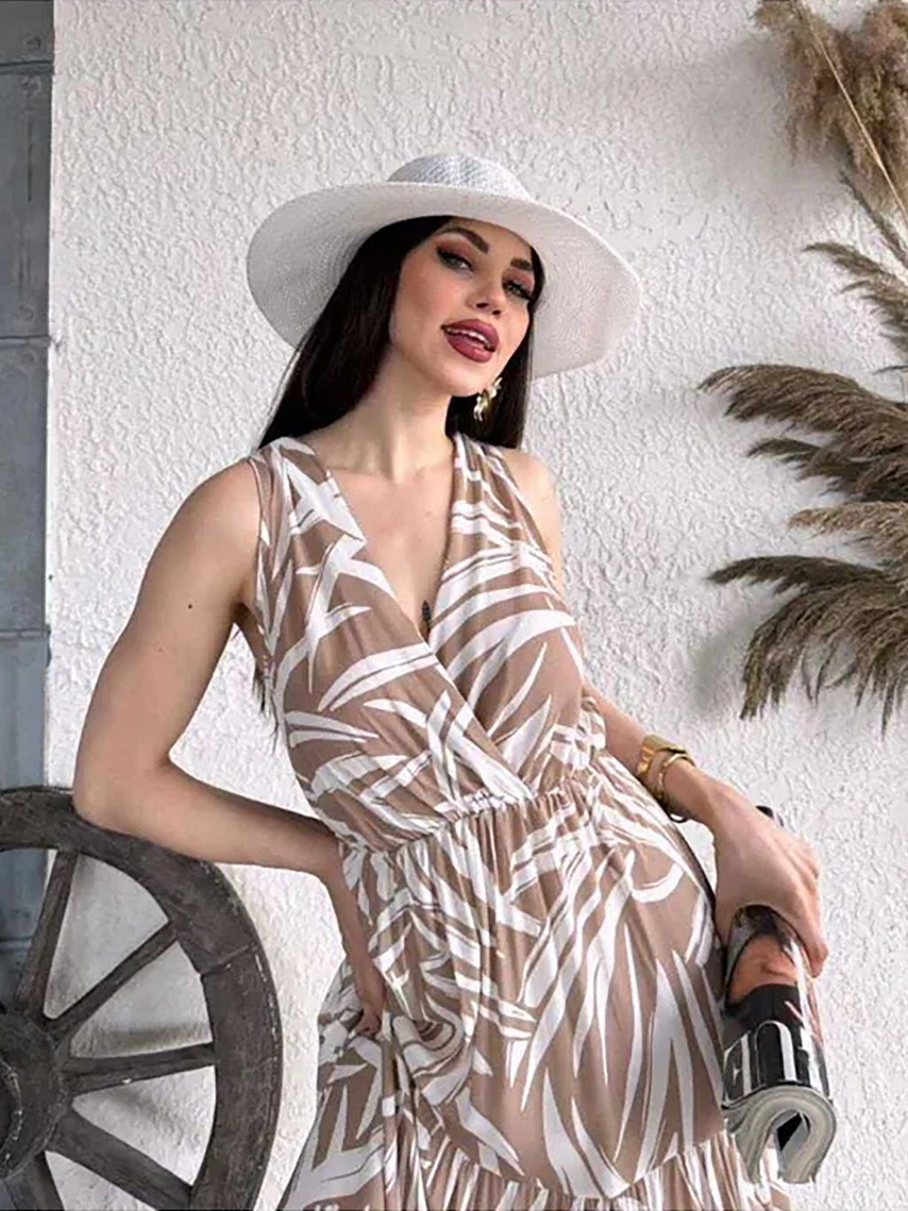 Pimu Viscose Patterned Summer Dress - Elastic Waist, V-Neck - Brown | Grocsy