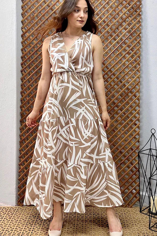 Pimu Viscose Patterned Summer Dress - Elastic Waist, V-Neck - Brown | Grocsy
