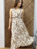 Pimu Viscose Patterned Summer Dress - Elastic Waist, V-Neck - Brown | Grocsy