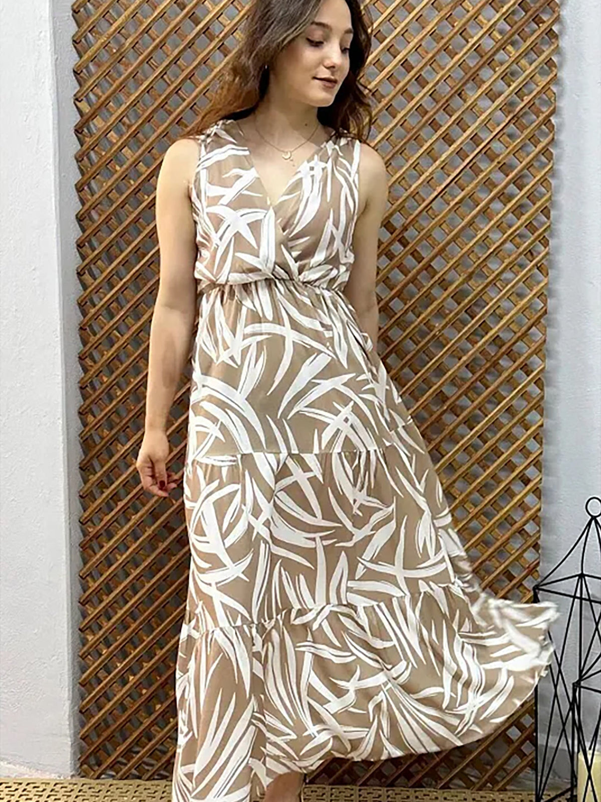 Pimu Viscose Patterned Summer Dress - Elastic Waist, V-Neck - Brown | Grocsy