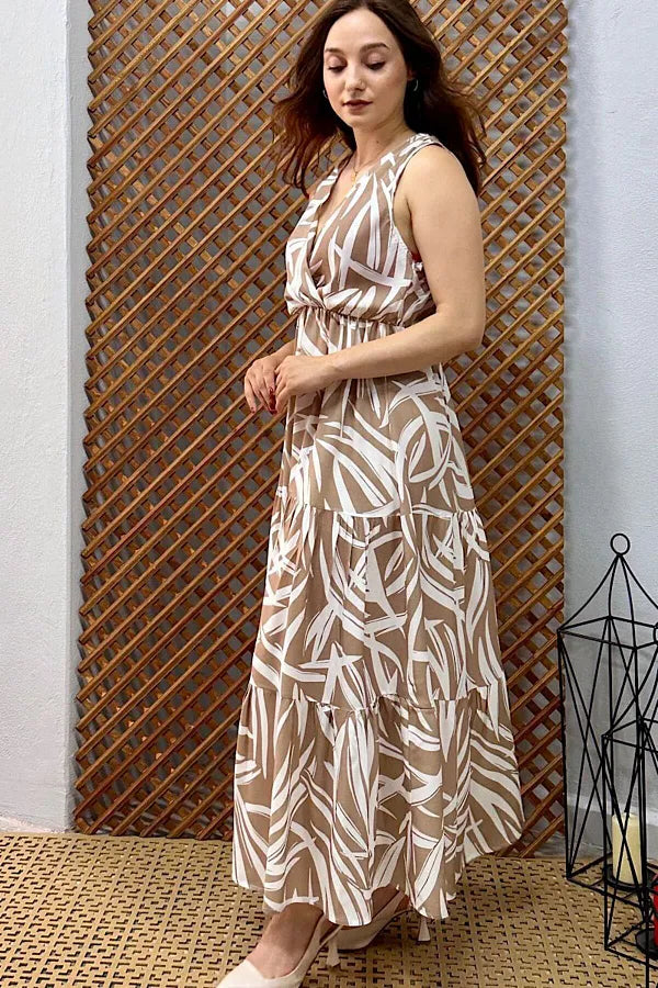 Pimu Viscose Patterned Summer Dress - Elastic Waist, V-Neck - Brown | Grocsy