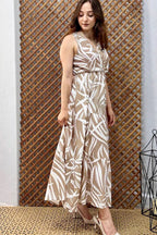 Pimu Viscose Patterned Summer Dress - Elastic Waist, V-Neck - Brown | Grocsy