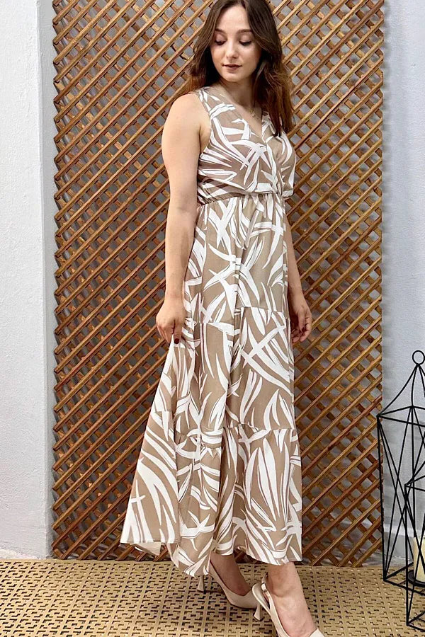 Pimu Viscose Patterned Summer Dress - Elastic Waist, V-Neck - Brown | Grocsy